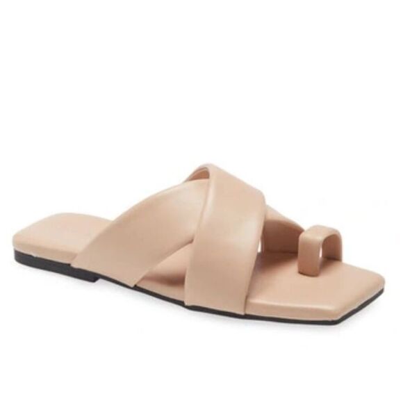 Open Edit Sandals Size 9 Beige Square Open Toe Crisscross Slides - Picture 1 of 8